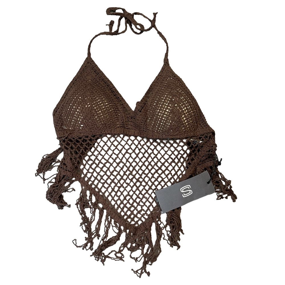 Sans Souci NWT Womens Crochet Halter Top Brown Fringe Boho Festival Medium - Picture 2 of 4